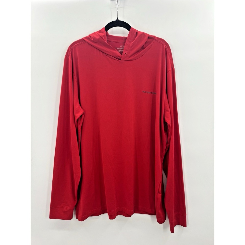 Vineyard Vines Mens Performance Tee Top Large Red Long Sleeve Hooded Stretch Dry